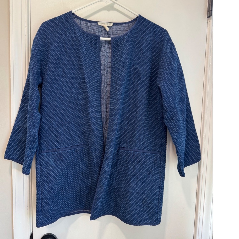 Eileen Fisher Petite Indigo Blue Textured Cotton Open Front Cardigan Jacket PM